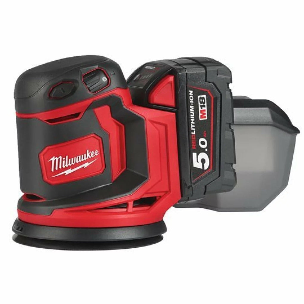 Milwaukee M18 BOS125-502B Set de ponceuse excentrique à batterie Li-Ion (2x batterie 5.0Ah) dans le sac - 125mm