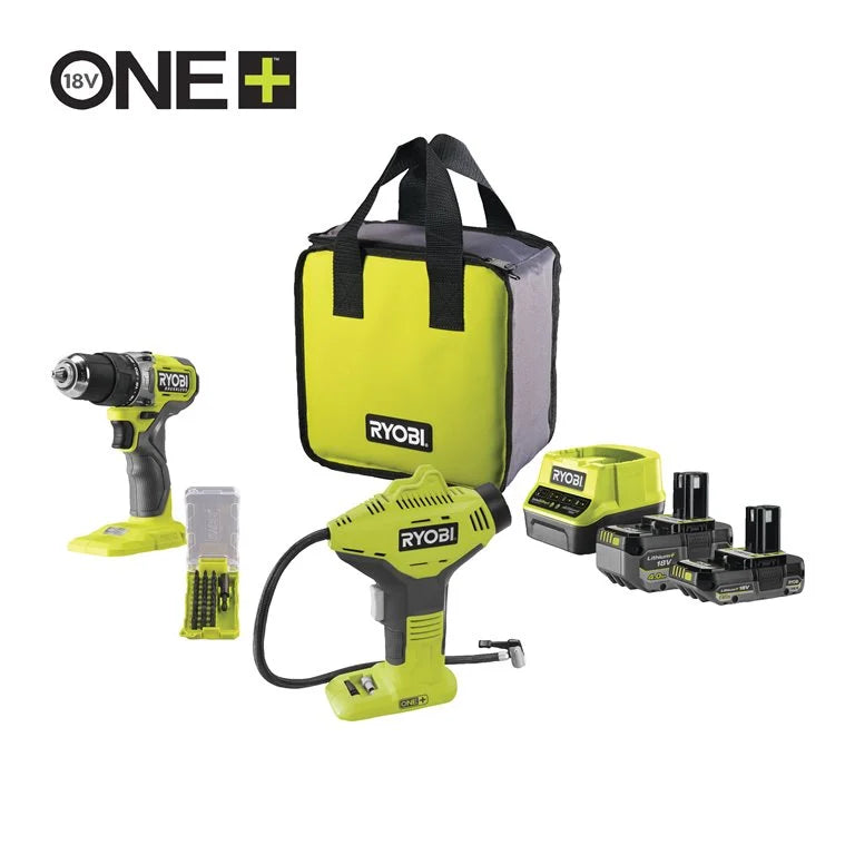RYOBI - Perceuse-visseuse à percussion Brushless 18V ONE+™ (1x4.0Ah & 1x2.0Ah) + compresseur OFFERT